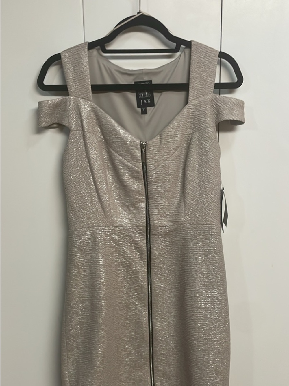 JAX Metallic Cold-Shoulder Midi Dress in Champagne Gold NWT size 8